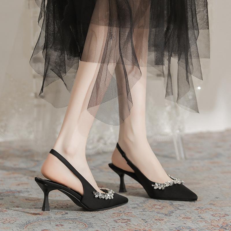 2025 лето новые туфли на высоком каблуке со стразами женские сексуальные острые задники тонкие каблуки женские тонкие пятнышки 34 чёрный